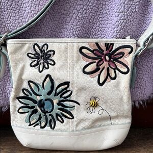 Coach Floral Embroidered Shoulder Bag - Bee Detail - White with Blue Lining